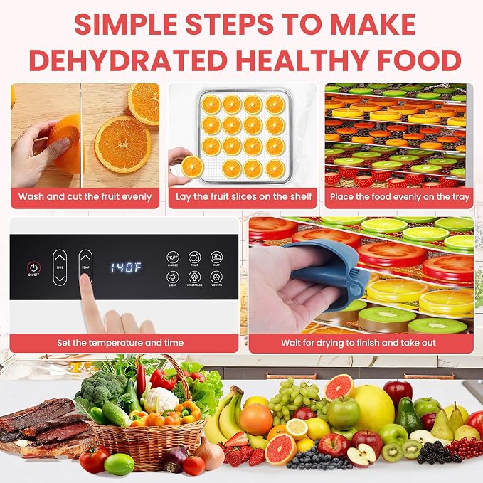 Fendia Food Dehydrator for Jerky, 7 Stainless Steel Large Trays, 600W Fruit Dehydrator, 24H Timer and 194°F Temperature Control, Overheat Protection, Food Dryer for Jerky, Herbs, Fruit, Dog Treats