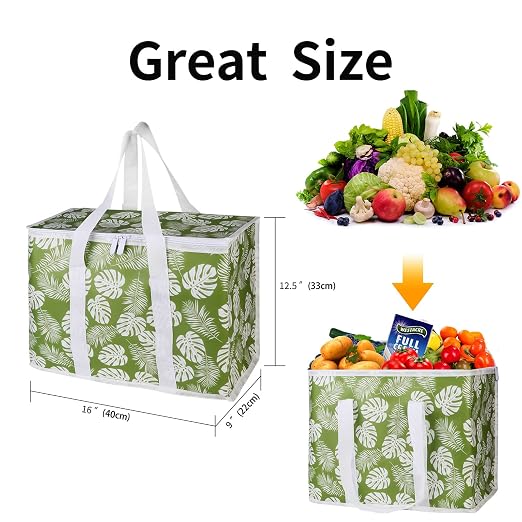 musbus 2-Pack extra Insulated Grocery shopping bag, large Green leaf, kitchen foldable reusable bags groceries,Sturdy zipper,Collapsible,tote,cooler,for transport women,Durable carrier