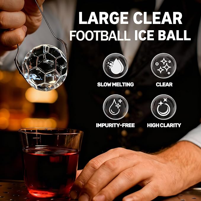 Clear Ice Cube Maker Tray – 2.5 Inch Large Clear Soccer Ice Mold, Stainless Steel & Silicone, Slow Melting Crystal Ice for Whiskey, Cocktails, and Home Bar Use (Football-1 Pack)