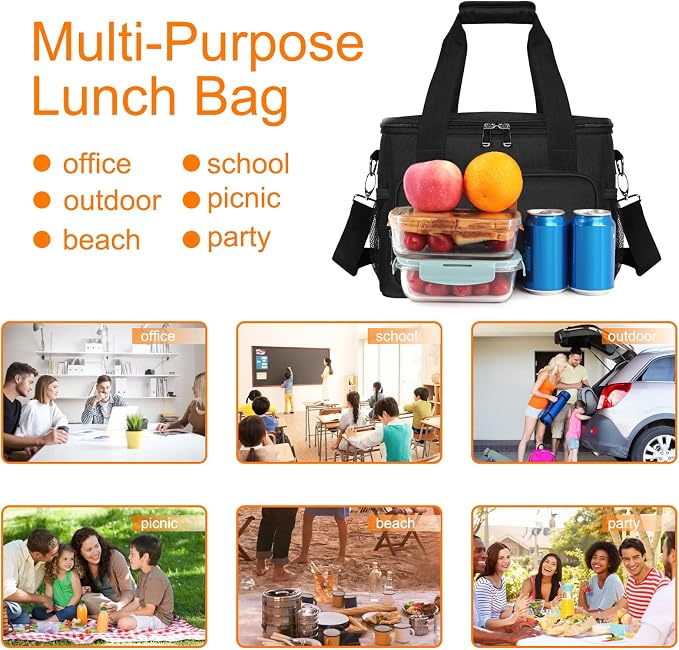 Lunch Bags for Women/Men, Insulated Lunch Bag for Work Office Picnic - Large Lunch Cooler Bag Leakproof Lunch Box with Adjustable Shoulder Strap for Adults - Black(15L)