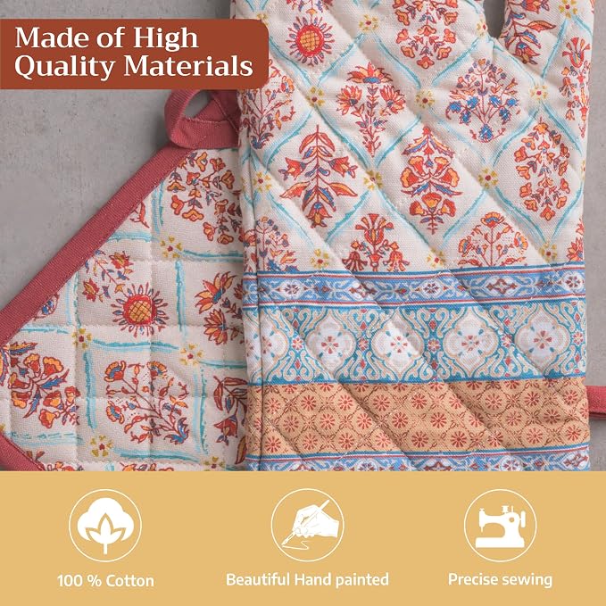Maison d' Hermine 100% Cotton Oven Mitt & Pot Holder Set (7.5"x13" & 8"x8") | Heat Resistant BBQ Cooking Gloves with Loop Baking Grilling Kitchen Hotel Home Farmhouse Thanksgiving Christmas - Romane