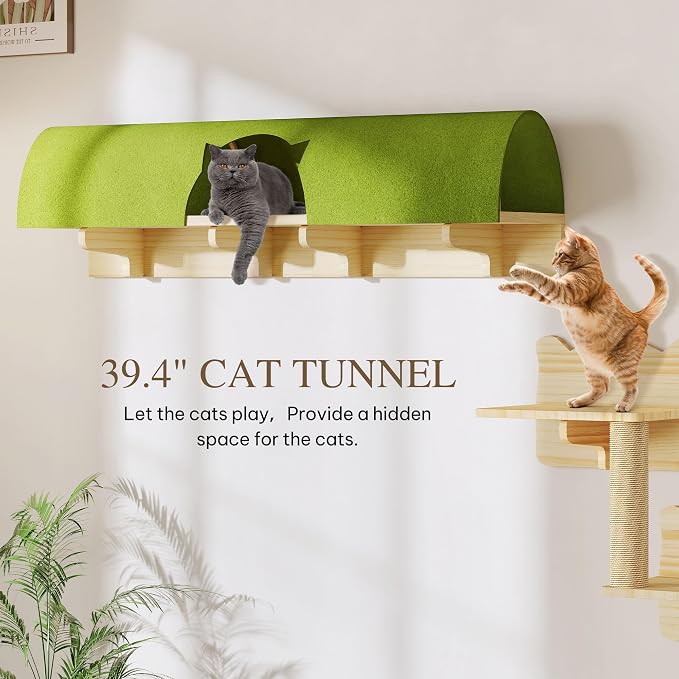 Cat Wall Shelves Set, 7-in-1 Cat Wall Furniture with Tunnel | Multi-Level Floating Cat Shelves for Space Saving, Solid Wood Cat Climbing System with Scratching Posts, Burlywood