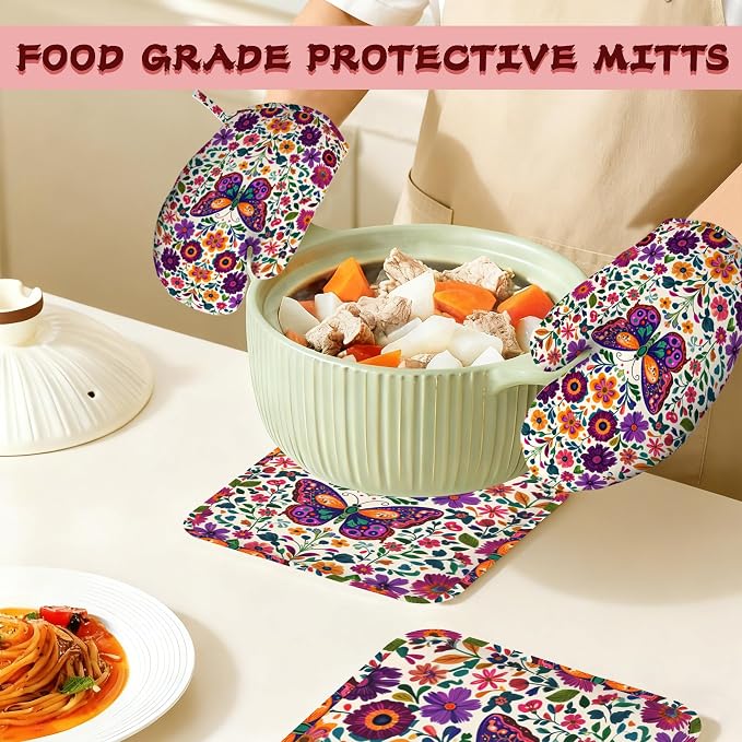 Butterfly Flowers Heat-Resistant Silicone Oven Mitts and Pot Holder 4 Piece Set,Vintage Non-Slip Kitchen Oven Gloves for Baking, BBQ, Cooking,Grilling