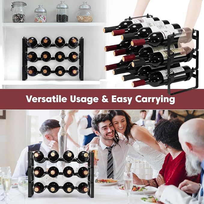 3 Tier Stackable Wine Rack Countertop, 12 Wine Bottle Holder for Cabinet | Small Tabletop Wine Holder Stand for Pantry Bar, Sturdy Wire Wine Bottle Rack Metal Wine Freestanding Storage Organizers