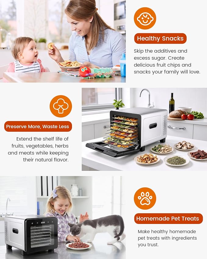Food Dehydrator Machine, 720W 8-Tray Stainless Steel Dryer with Clear Window Door, 95-170°F Digital Temp Control & 24H Timer, 360° Airflow for Jerky, Fruit, Herbs, Dog Treats