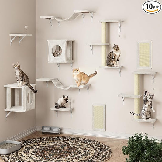 10 Pcs Cat Wall Shelves Set, Wall-Mounted Climber with Cat House, Scratching Post, Bridge, Hammock, Space-Saving Play Furniture, Beige