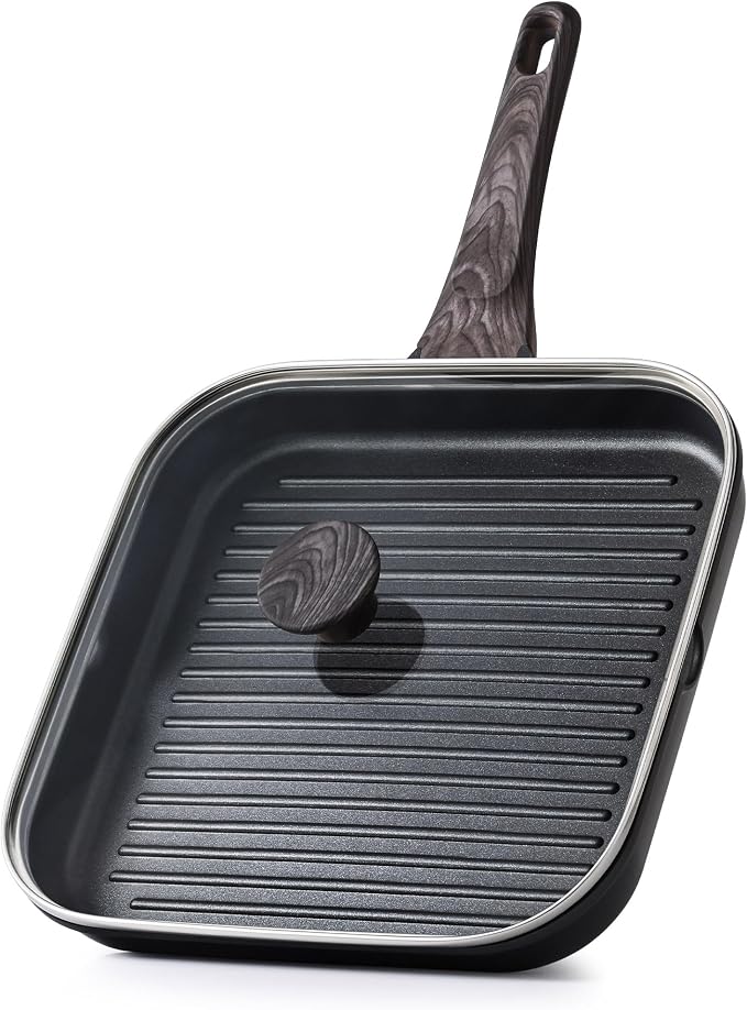 SENSARTE Nonstick Grill Pan with Lid, Grill Pan for Stove Tops, Versatile Griddle with Pour Spouts, Square Big Cooking Surface, Durable Skillet Indoor & Outdoor Grilling. PFOA Free, 9.5 Inch