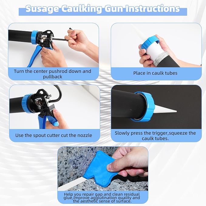 PRO Sausage Caulk Gun Kit Heavy Duty Silicone Sausage Gun Thrust Ratio 25:1 No-drip Rotating 600ml/20 oz Aluminum Tube Barrel and Caulking Tools,Sealant Grout Scraper For Kitchen Bathroom Sink Joint