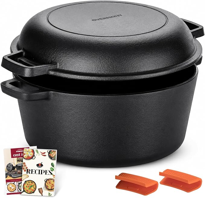 Overmont 5QT Double Dutch Oven - 2-in-1 Pre-Seasoned Cast Iron Pot & Recipe | Skillet Lid Doubles as Frying Pan, Heavy Duty Cast Iron Pot with Handle Covers, for Sourdough Baking Frying Outdoor Camping
