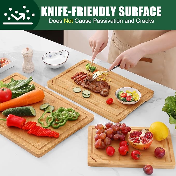Homaxy Organic Bamboo Cutting Boards Set for Kitchen Set of 3 | Wooden Cutting Board Set with Juice Groove and Handles, Charcuterie Butcher Block Serving & Chopping Board, Pre Oiled