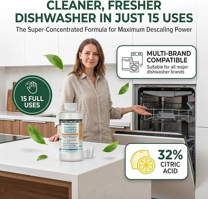 Think Crucial Dishwasher Cleaner & Descaler, 15 Uses, 75% Savings Per Use – 32% Citric Acid Liquid Concentrate – Whirlpool, Bosch, KitchenAid, Samsung, LG – 16 FL OZ