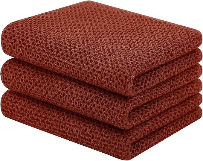 Homaxy 100% Cotton Waffle Weave Kitchen Towels, 3-Pack, Rust | 13 x 28 Inches, Ultra Soft Absorbent Dish Towels, Quick Drying Cleaning Towels