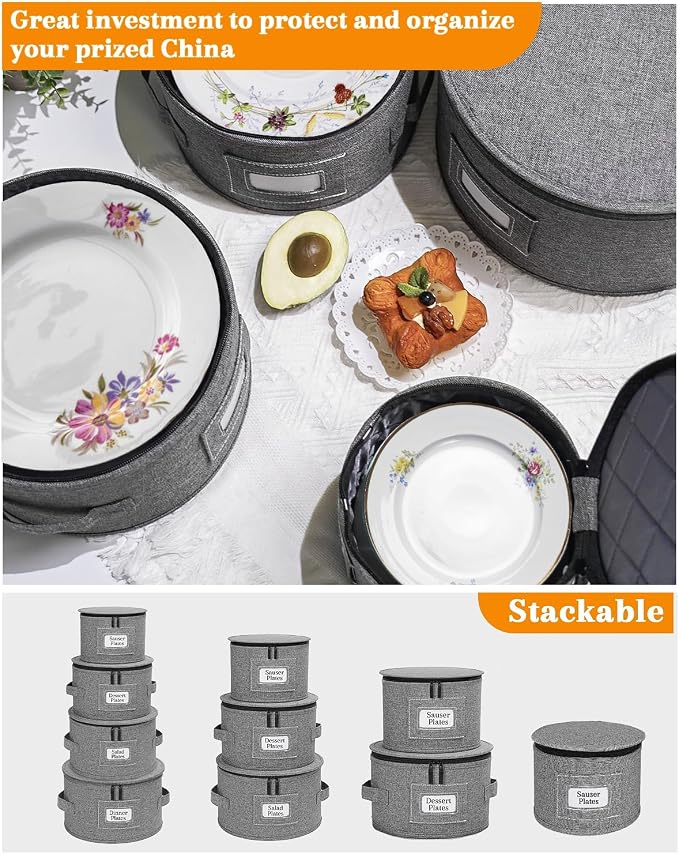 punemi China Storage Containers, 4-Set Hard Shell Dish Storage for Moving | Hard shell support with felt dividers for charger plates, dinnerware and china; stackable design holds set of 12
