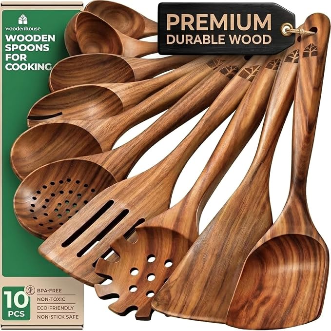 Wooden Spoons for Cooking, 10 Pcs Teak Wood Utensil Set for Nonstick | Durable, Heat Resistant & Food-Safe with Ergonomic Handles – Woodenhouse Kitchen Cookware