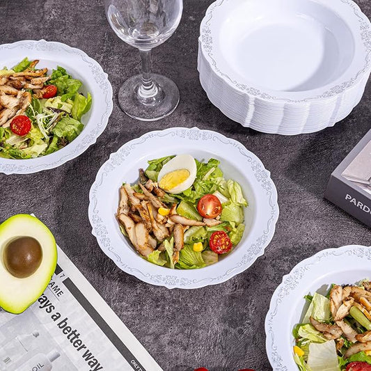 DaYammi 30 Pack Plastic Bowls with Silver Rim, 12oz Disposable Soup Bowls, Heavy Duty Dinner Bowls for Weddings, Parties, Dinners, Catering and Everyday Use