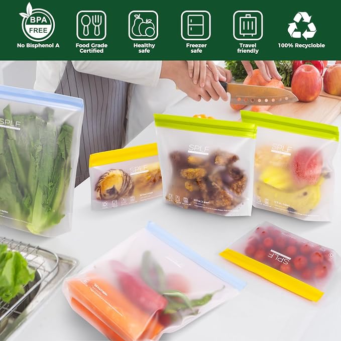 SPLF 8 Pack Stand-Up Reusable Half Gallon Freezer Bags Dishwasher Safe | Extra Thick Leakproof 1/2 Gallon Food Storage Bags, BPA Free Silicone for Meal Prep, Marinate, Veggies, Fridge Organization