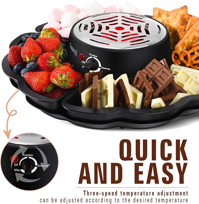 2 in 1 Electric S’mores Maker & Fondue Pot, Tabletop Indoor Smores kit with 4 Roasting Forks, 4 Detachable Trays & 1 Flameless Temperature-controlled Heater, Movie Night Supplies & Housewarming Gifts