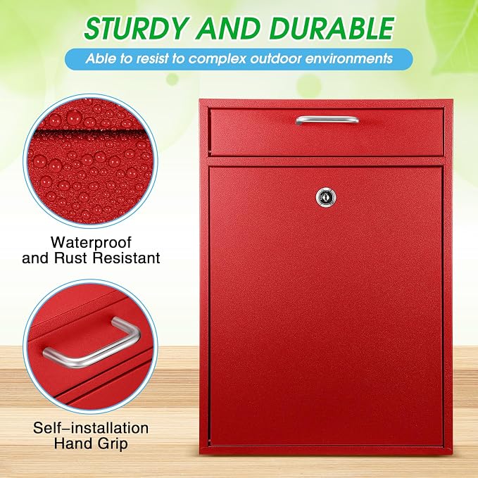 Yaocom Locking Mailbox with Key for Outdoor 16.2 x 11.2 x 4.7 Inches Large Wall Mount Mail Box with Lock Security Mail Drop Metal Collection Boxes Hanging Secure Postbox(Red)