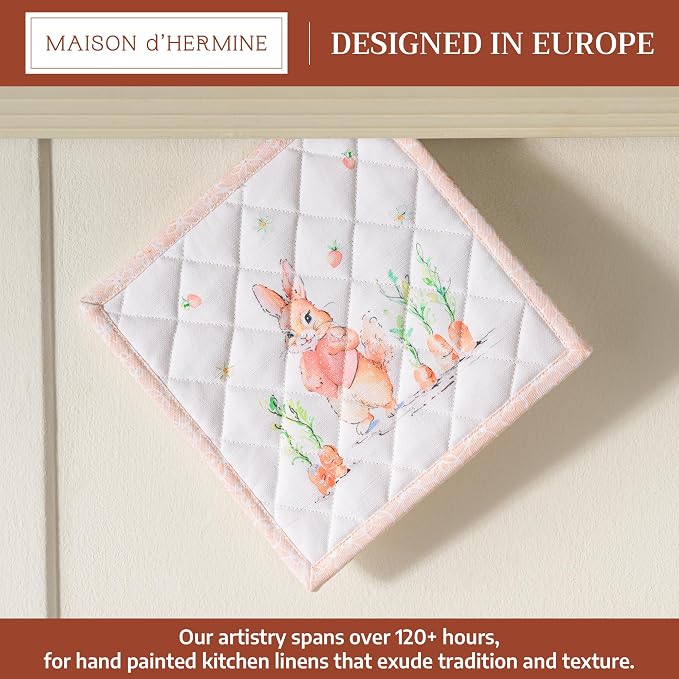 Maison d' Hermine Pot Holders 100% Cotton Potholders (8" x 8", Pack of 1) | Heat Resistant Hot Pads with Loop BBQ Cooking Baking Farmhouse Kitchen Handling Hot Pans Spring Summer - Bunny Party