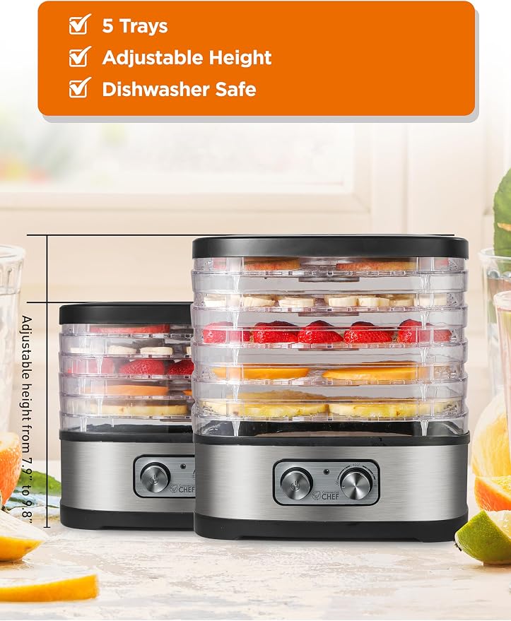 Commercial Chef Food Dehydrator, 5 BPA-Free 10” x 9.25” Trays, CHD200S | Stainless Dehydration Machine for Beef Jerky, Dehydrated Vegetables, Fruits and More, 240V