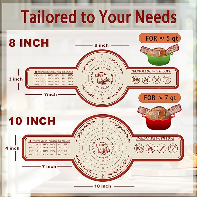 Large Silicone Bread Sling for Dutch Oven, 2 Pack (10" Round) – Non-Stick & 500°F Heat Resistant Sourdough Mat, Easy to Clean, Reusable Food-Grade Sourdough Sling – Fits 7 qt and up Dutch Ovens