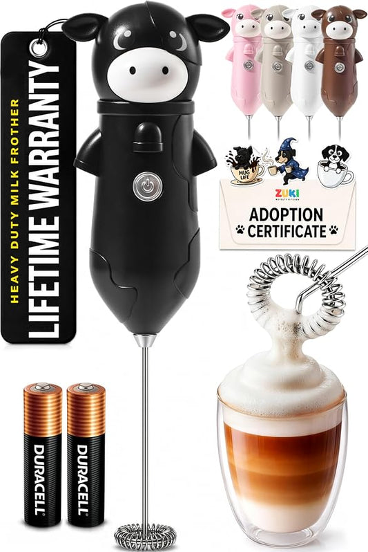 Zulay Kitchen Cow Milk Frother Wand – Cutesy Frother, Meet Your New Frothing Buddy Betsy The Cow, Adoption Papers and Stickers Included, Purrr-fect for Lattes, Cappuccino & Matcha – Black
