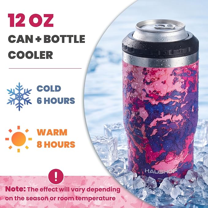 HAUSHOF 4-in-1 Insulated Can Cooler Fits 12oz Cans & Beer Bottle, Camo Red | Double-Wall Vacuum Insulated, 18/8 Stainless Steel, BPA-Free Lid, Slim Can Cooler for Camping, Beach & Picnic