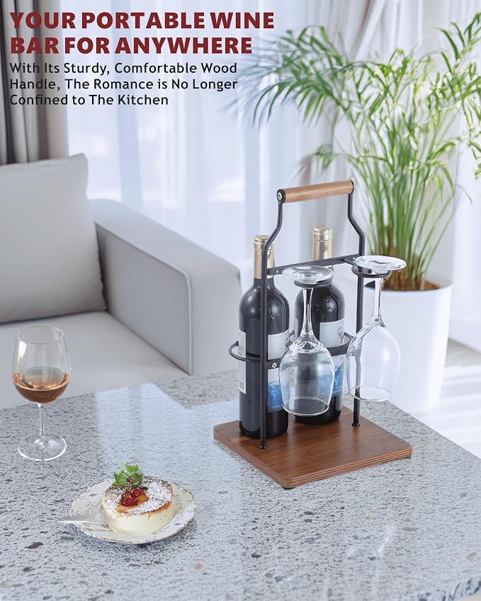Countertop Wine Rack and Glass Holder | Portable Wine Caddy Holds 2 Bottles & 2 Glasses | Small Wine Rack with Wood Base, Perfect for Tabletop Wine Storage & Home Bar Decor (Black)