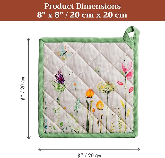 Maison d' Hermine Pot Holders 100% Cotton Potholders (8" x 8", Pack of 1) | Heat Resistant Hot Pads with Loop BBQ Cooking Baking Farmhouse Kitchen Handling Hot Pans Spring Summer - Botanical Fresh