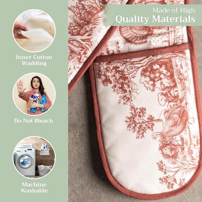 Maison d' Hermine Double Oven Mitts 100% Cotton Double Oven Glove (7"x35") | Heat Resistant BBQ Cooking Gloves with Loop Baking Kitchen Home Hotel Farmhouse Thanksgiving Christmas - Holy Jouy - Brown