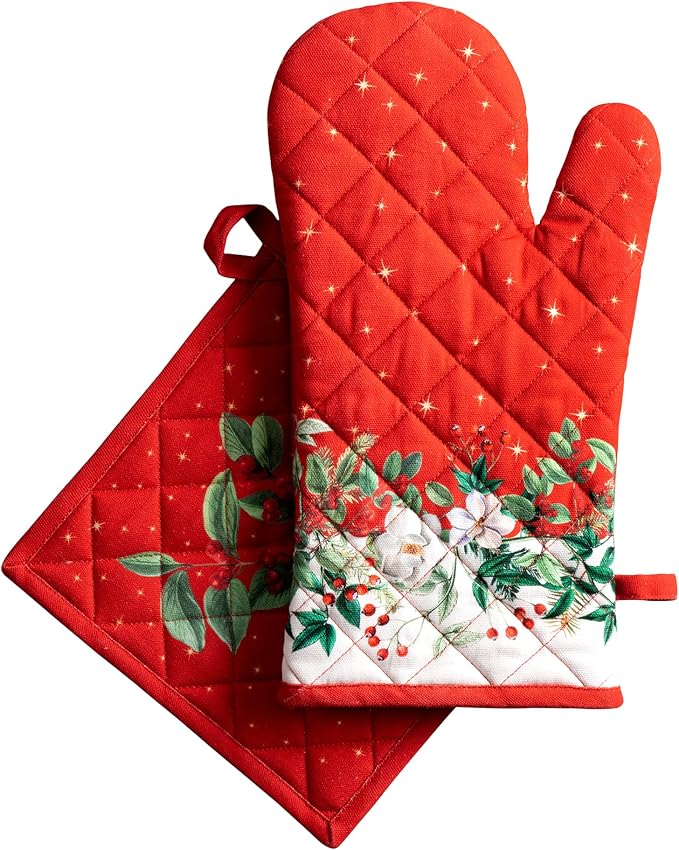 Maison d' Hermine 100% Cotton Oven Mitt & Pot Holder Set (7.5"x13" & 8"x8") | Heat Resistant BBQ Cooking Gloves with Loop Baking Grilling Kitchen Hotel Home Farmhouse Thanksgiving Christmas - Noel