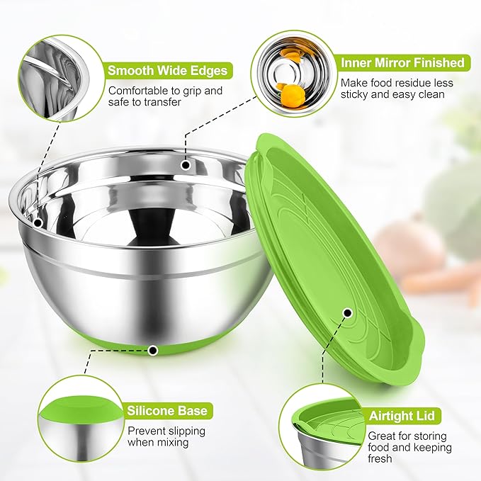 TeamFar Mixing Bowls, Stainless Steel Mixing Bowls with Lids, Nesting Salad Bowls with Air-tight Lids & Non-slip Bottom, Dishwasher Safe & Stackable, Set of 6-4.6/2.6/2 / 1.5/1 / 0.7 Qt