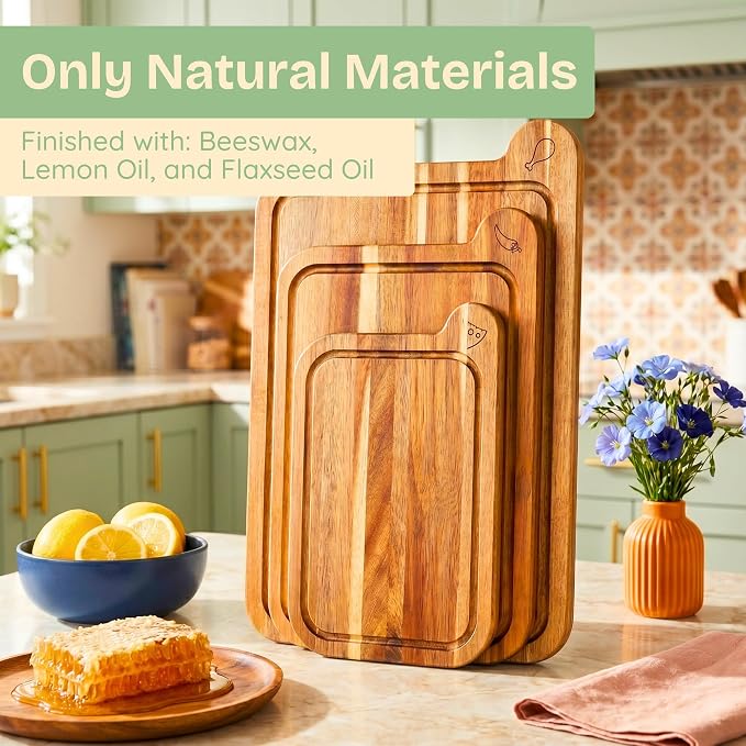 Non-Toxic Acacia Cutting Board Set of 3, Mineral Oil Free, Plastic Free | Petroleum free. No BPA. FSC-certified wood. 3 sizes: 17x11, 14x9 & 11x7 in. Beeswax, flaxseed & lemon oil finish.