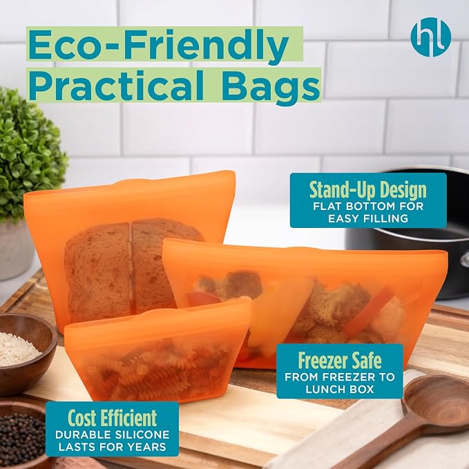 Home Logic Reusable Snack Bags - Set of 6 Firecracker Orange Silicone Freezer Bags, Airtight Leak Resistant Reusable Zip Bags for Kitchen Home Food Prep, Microwave & Sous Vide Safe