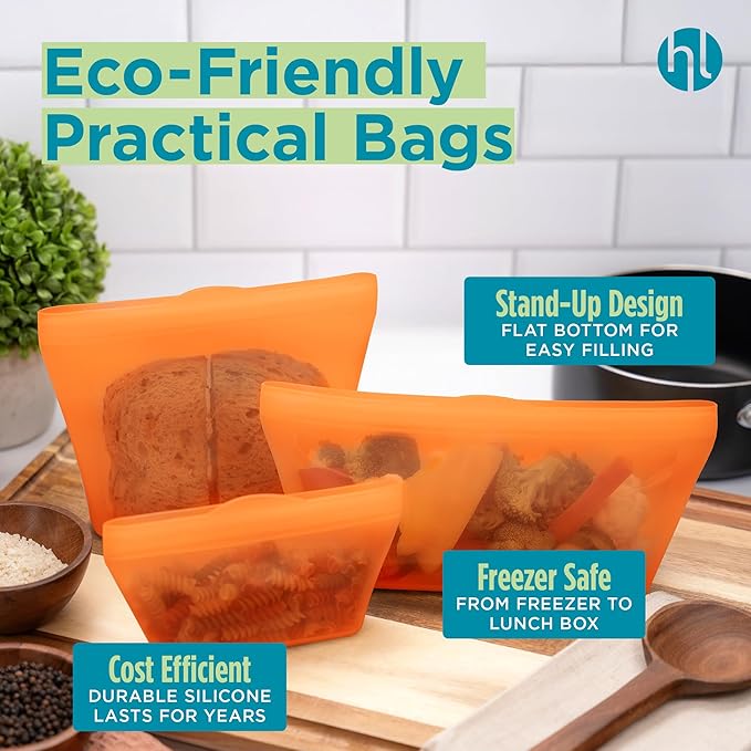 Home Logic Reusable Quart Bags - Set of 4 Firecracker Orange Silicone Freezer Bags, Airtight Leak Resistant Reusable Zip Bags for Kitchen Home Food Prep, Microwave & Sous Vide Safe