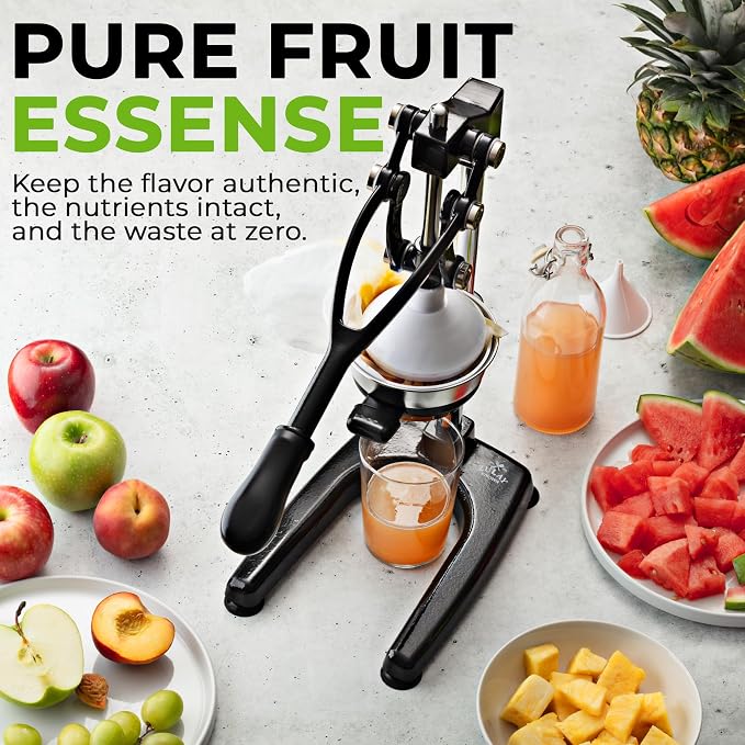 Zulay Kitchen Pulperizer 9 in 1 Cast Iron Juicer - Easy-to-Clean Heavy-Duty Manual Juicer with Presser Attachment to Juice All Types of Fruits! Extra Tall with Stainless Steel Bowl - Black