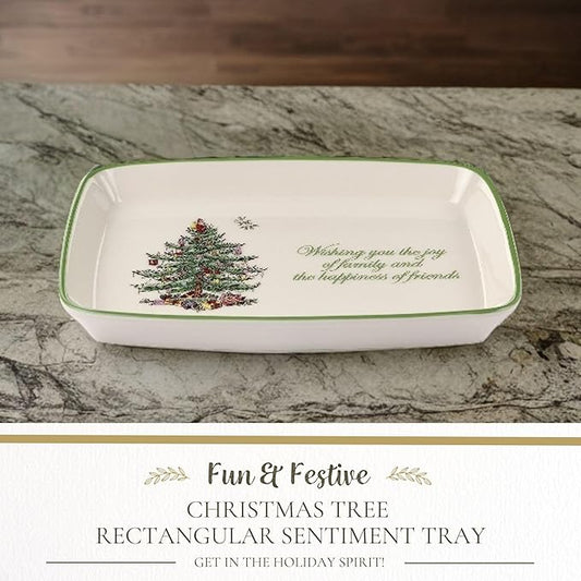 Spode Christmas Tree Rectangular Sentiment Tray (7" x 5") - Festive Earthenware Serving Plate for Holiday Snacks, Side Dishes, Treats, Durable Christmas Tableware - Microwave & Dishwasher Safe