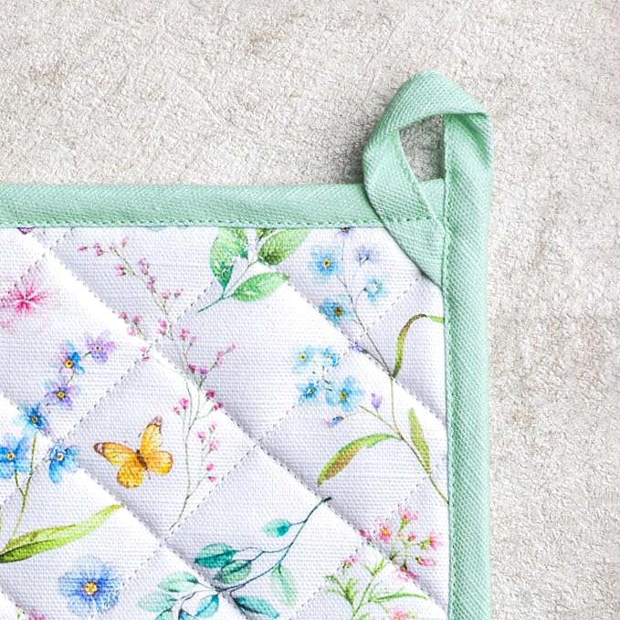 Maison d' Hermine Pot Holders 100% Cotton Potholders (8" x 8", Pack of 1) | Heat Resistant Hot Pads with Loop BBQ Cooking Baking Farmhouse Kitchen Handling Hot Pans Spring Summer - Just Floral