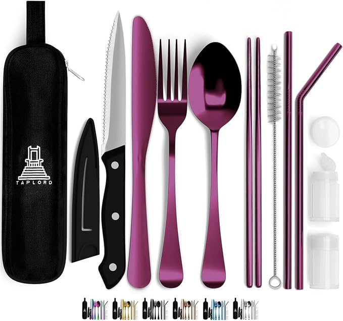 Taplord Portable Travel Silverware Set With Case, Includes 10 Pcs of Travel Utensils With Case, Stainless Steel Flatware Set For Camping, Lightweight (Purple)