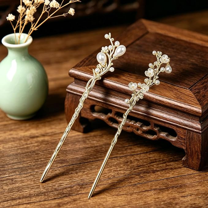 2Packs Lily of the Valley Chinese Hair Sticks for Buns, Pearl Flower Vintage Metal Hair Chopsticks for Women and Girls Dangle Tassel Pendant Accessories Hanfu Handmade Decor Hairpin (gold white)