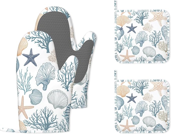 Starfish Coral Shells Ocean Silicone Oven Mitts and Pot Holders,Heat-Resistant 4 Piece Kitchen Set Non-Slip Oven Gloves and Hot Pads for Cooking, Baking, Grilling,BBQ