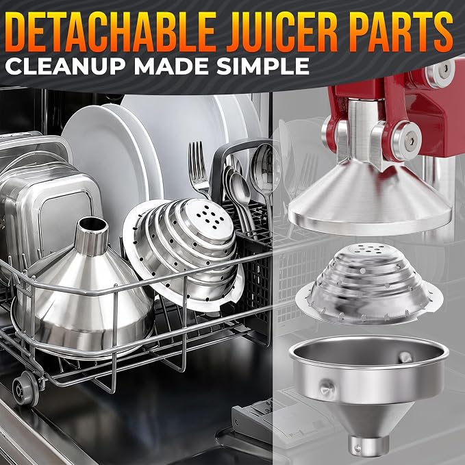 Cast Iron Juicer Hand Press, Heavy-Duty Squeezer, 304 Stainless Steel Bowl – One Pull Extracts Full Juice – Manual Citrus Press Juicer & Orange Squeezer for Lemon, Lime & Lemonade at Home Bar (Red)