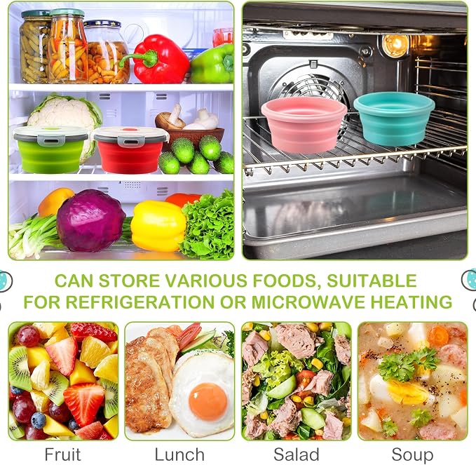 4 Pcs Collapsible Bowls with Lids Silicone Camping Food Storage Container Expandable Folding Salad Lunch Box Travel Container for Hiking Camping