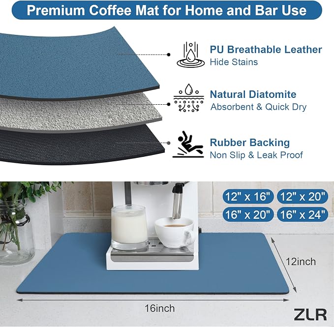 ZLR Coffee Bar Mat for Keurig & Nespresso, 12"x16" Small, Navy Blue | Absorbent Dish Drying Mat, Stain-Hiding PU Leather Top, Non-Slip Rubber Back, Heat-Resistant, Fits Frother & Pour-Over