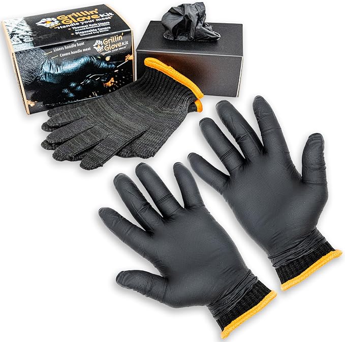 Grilling Glove Kit – Thermal Knit Liners Made in the USA – Diamond Textured Nitrile Covers – Oven Mitts for BBQ, Smoking Meat, and Barbecue Food Prep