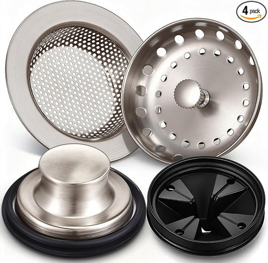 4 Pcs Brushed Silver Kitchen Sink Accessories Garbage Disposal Splash Guards 3.4'' Sink Drain Strainer and Stopper Stainless Steel Garbage Disposal Plug for Kitchen Drain Strainer