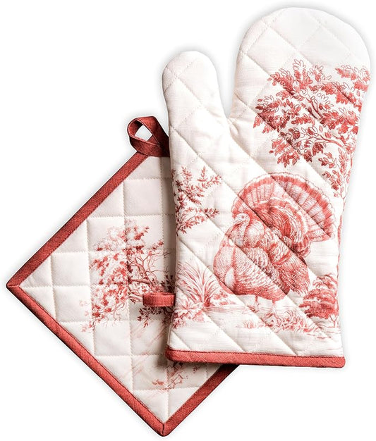 Maison d' Hermine 100% Cotton Oven Mitt & Pot Holder Set (7.5"x13" & 8"x8") | Heat Resistant BBQ Cooking Gloves with Loop Baking Grilling Kitchen Home Farmhouse Thanksgiving Christmas - Holy Jouy - Red