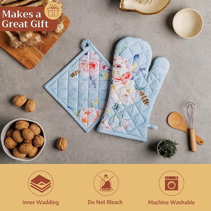 Maison d'Hermine Oven Gloves 100% Cotton Oven Mitt (7" x 13", Pack of 1) | With Loop Heat Resistant BBQ Cooking Gloves Baking Grilling Kitchen Handling Hot Pans Spring Summer - Ibiza - Blue