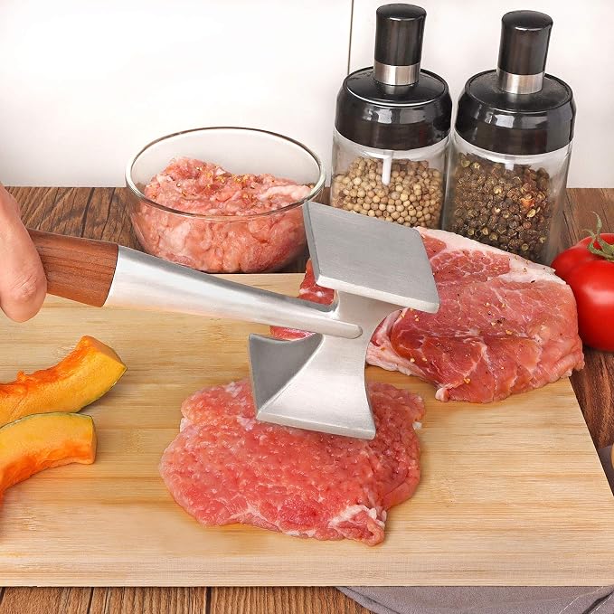 Meat Tenderizer, Meat Hammer, Heavy Duty Steak Hammer with Wooden Handle and Food-Grade Zinc Alloy, 2 in 1 Meat Mallet, 26 CM