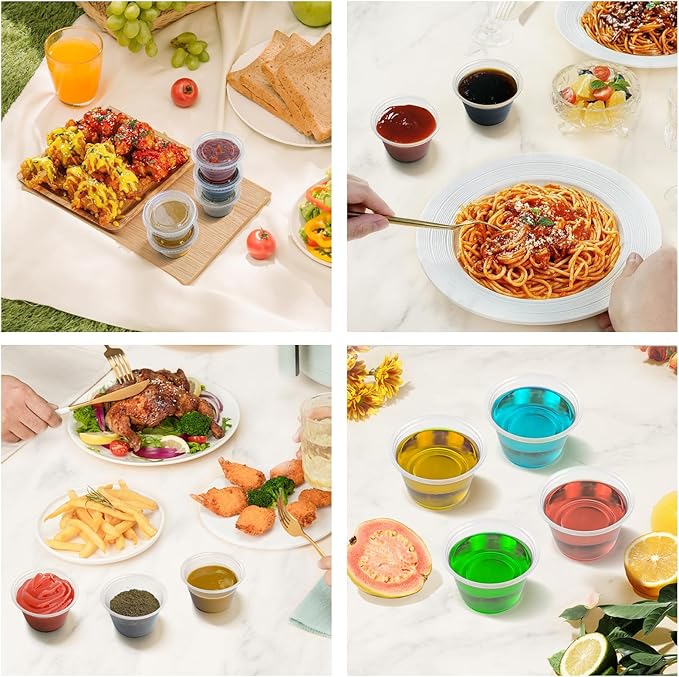 360 Set 4 oz Jello Shot Cups with Lids, Sturdy & Food Safe Disposable Plastic Portion Condiment Dipping Sauce Cups, Small Containers for Salad Dressing